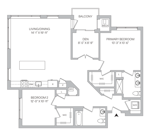Floorplan of a 1,432 square foot 2 bedroom 2 bath apartment with a den and a balcony